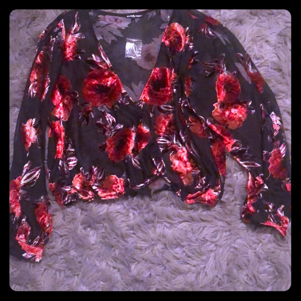 Cropped floral faux wrap blouse